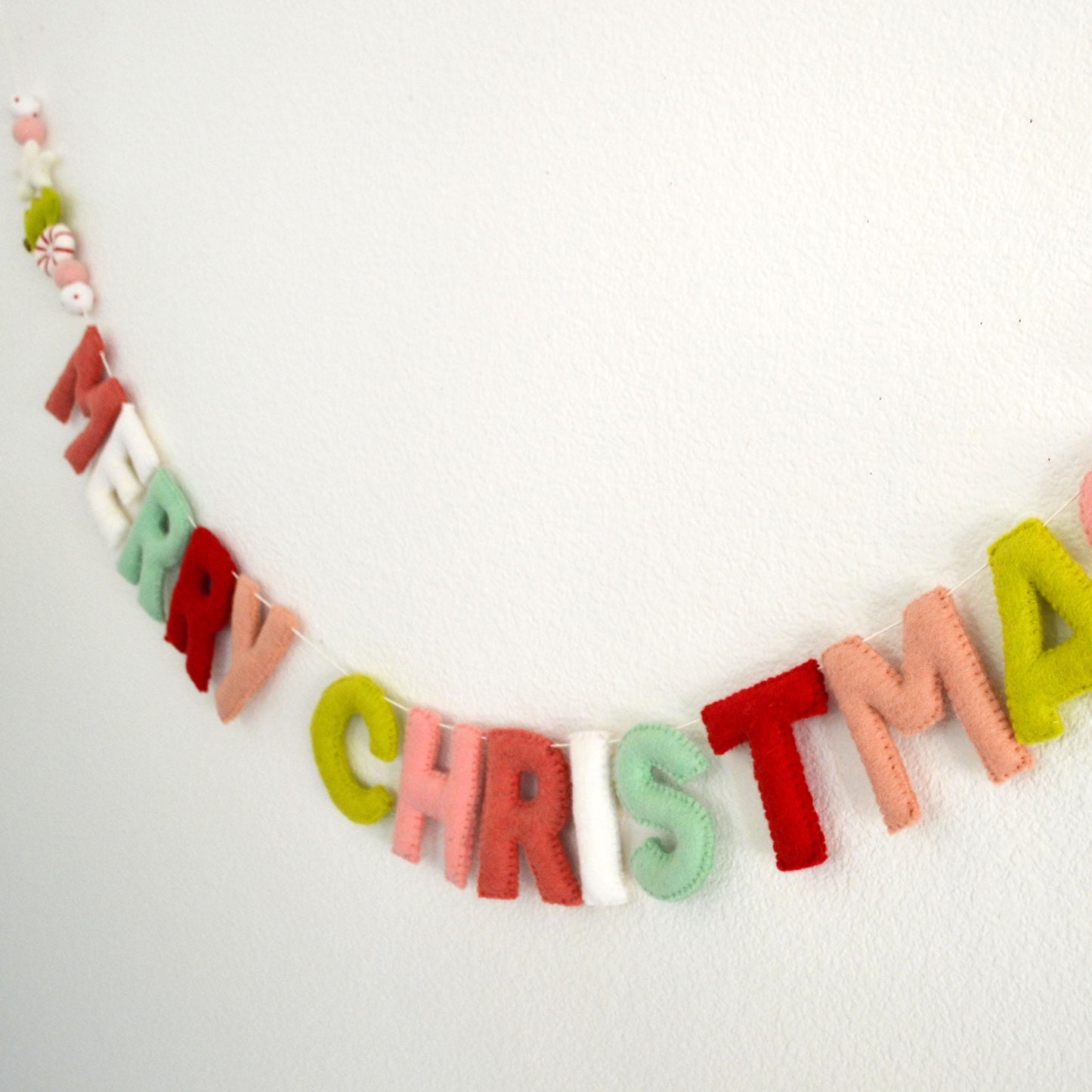 Merry Christmas Felt Banner with Wool Christmas Tree, Peppermint and Star
