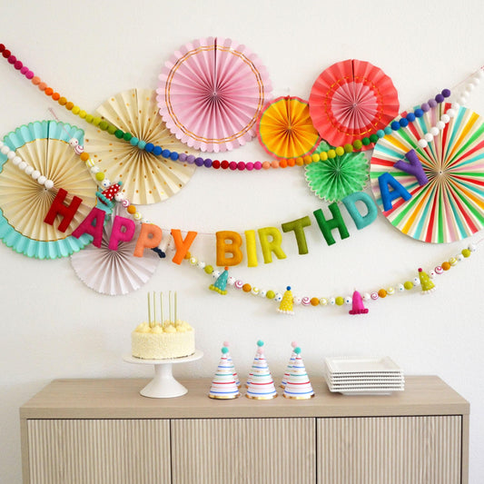 Happy Birthday Rainbow Felt Banner, Party Hat Felt Garland, Ombre Rainbow Felt Ball Garland Decoration, Paper Pinwheel Fans