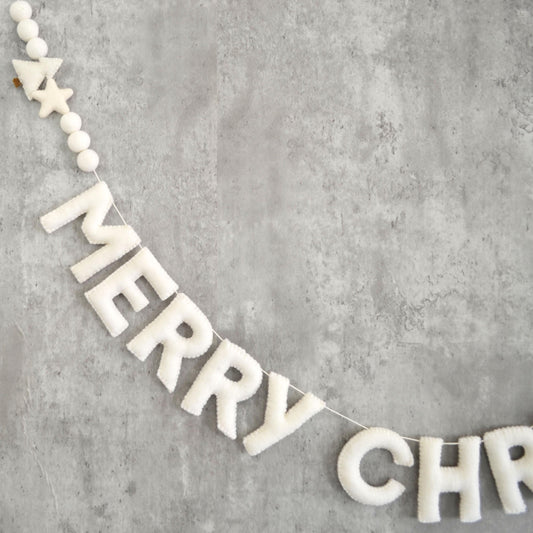 White Merry Christmas Felt Banner with Wool Christmas Tree, Star and Felt Balls