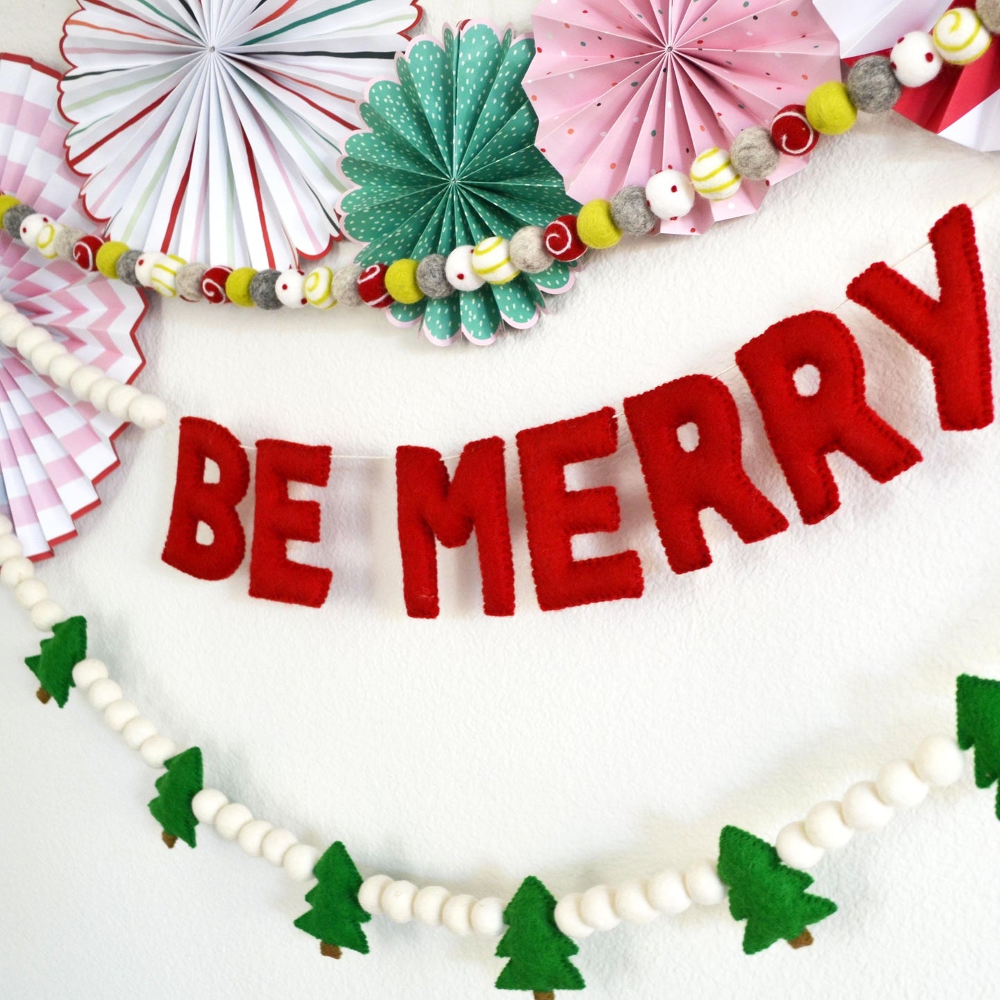 Christmas Felt Garland - Choice of Holiday Felt Balls, BE MERRY or Christmas Trees