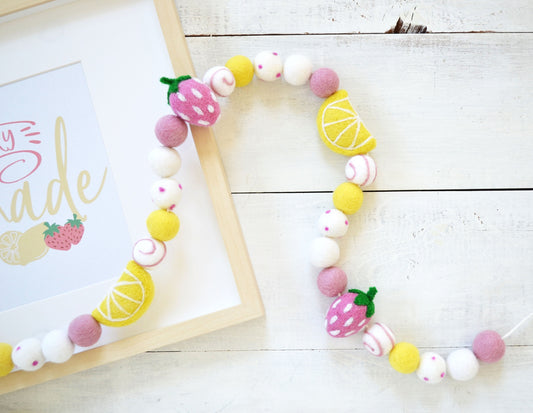 Felt Ball Garland - Strawberries and Lemons - Pink and Yellow