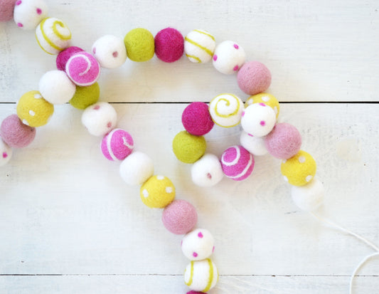 Felt Ball Garland - Pink, Green, Yellow & White