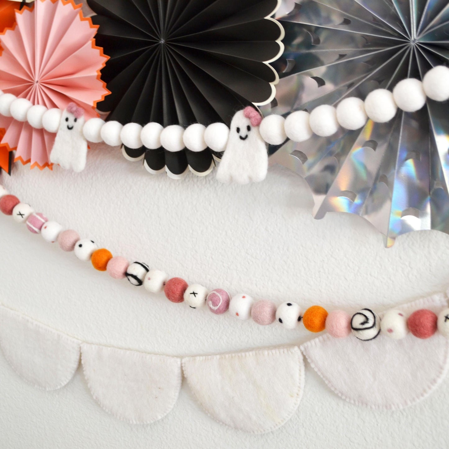 Halloween Felt Ball Garland - Ghost Felt Ball Garland, Halloween Garland, Ghost Banner, Black and White Felt Ball Garland, Ghost Garland