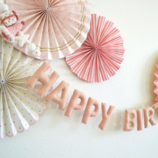 Felt Blush Pink Happy Birthday Banner with Hat, Gift and Star