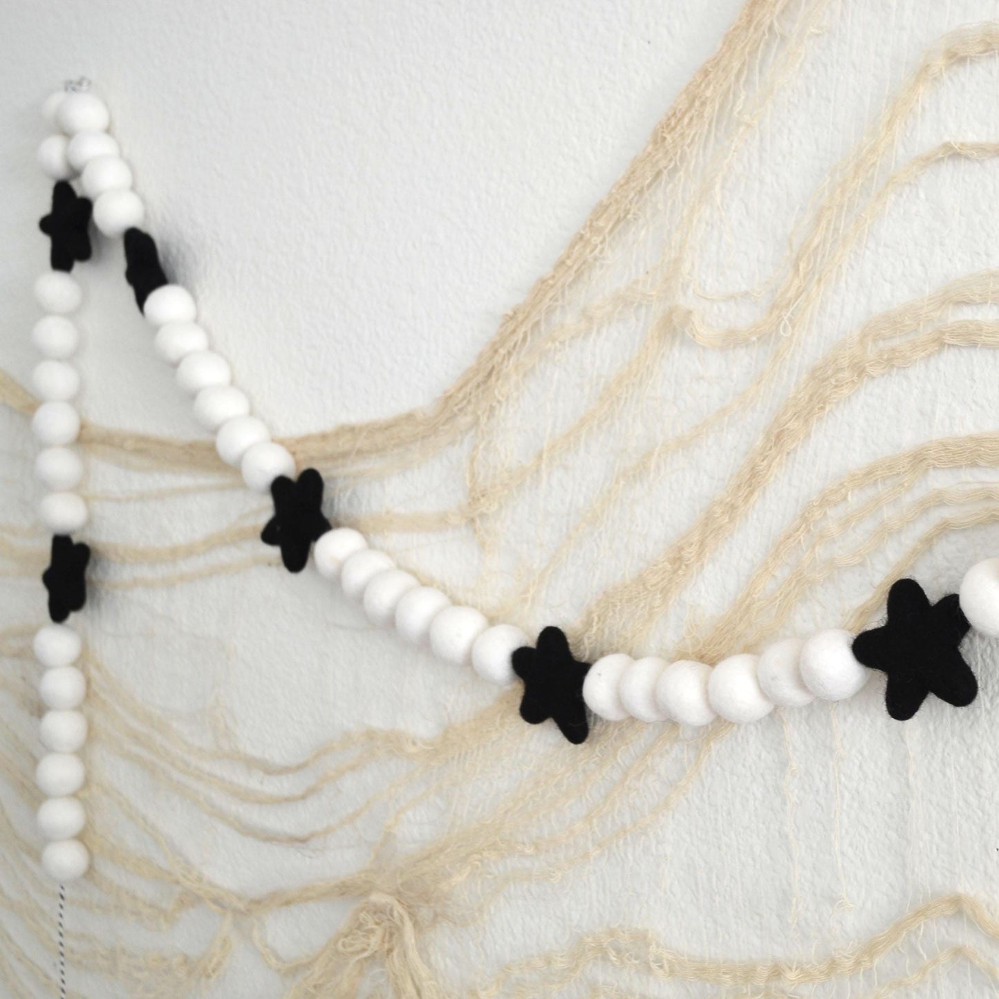 Black Wool Felt Star Garland with White Felt Balls