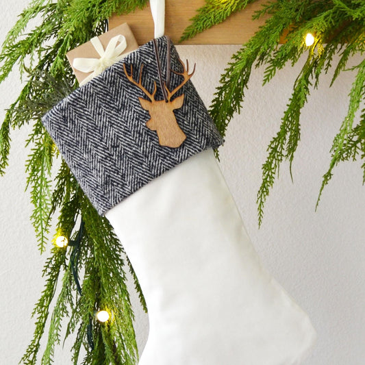 Personalized Christmas Stocking | Black and White Herringbone Velvet Stocking | Rustic Holiday Decor | Masculine Stocking | Boys Stockings