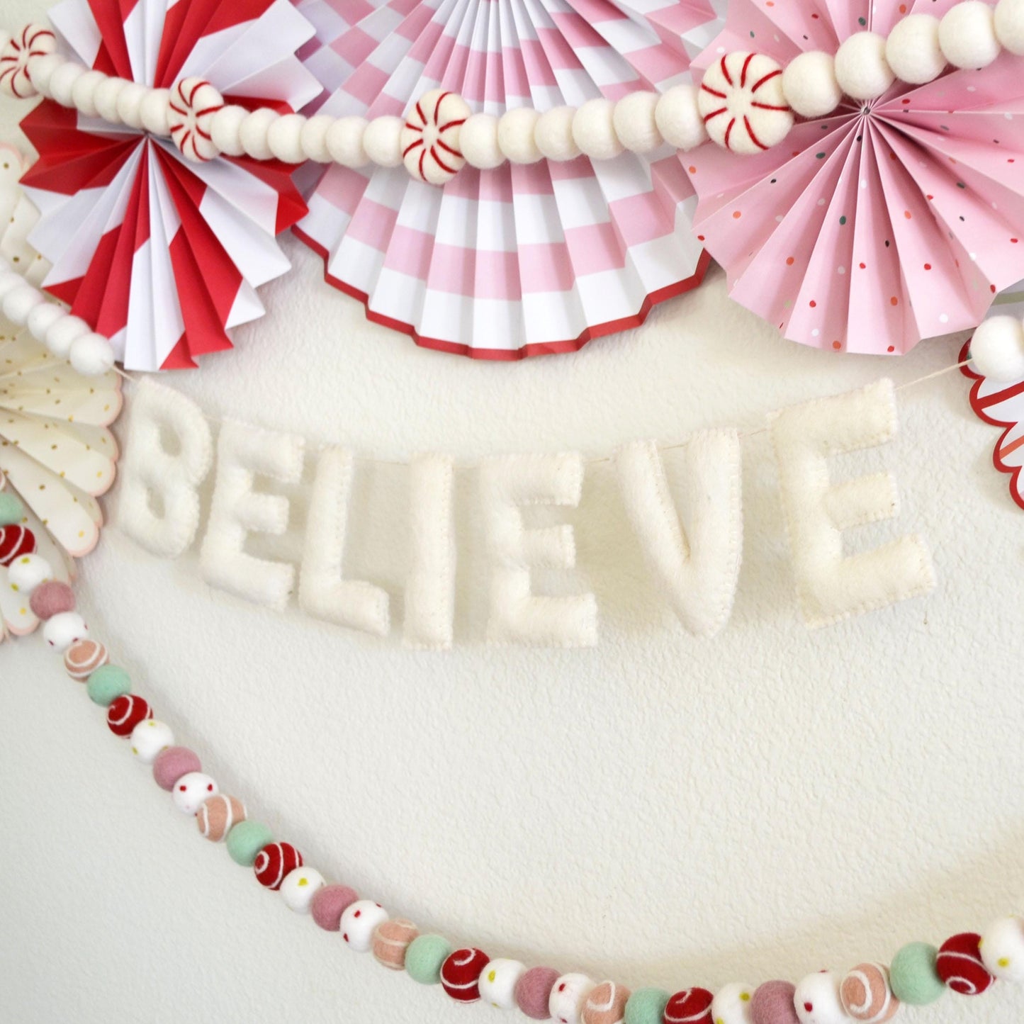 Chistmas Felt Garland - Peppermint Garland, Holiday Felt Garland, Holiday Decor, Christmas Decor, BELIEVE Banner, BELIEVE Felt Garland