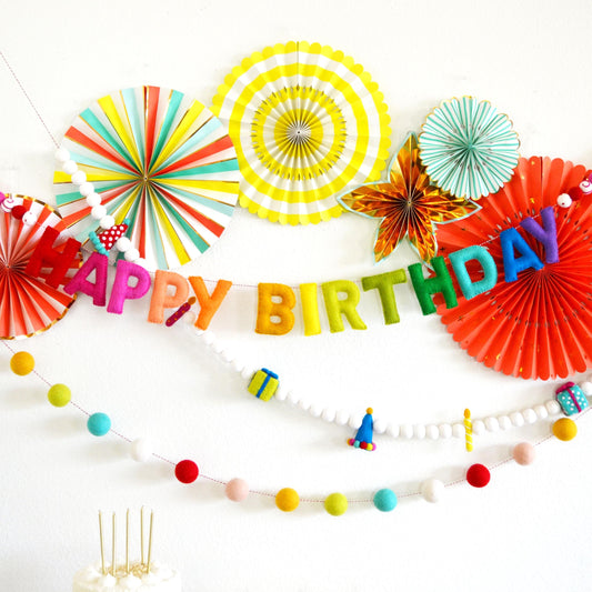 Reusable Rainbow Happy Birthday Banner, Hat Gift & Candle Felt Garland and 4cm Rainbow Felt Ball Garland Bundle