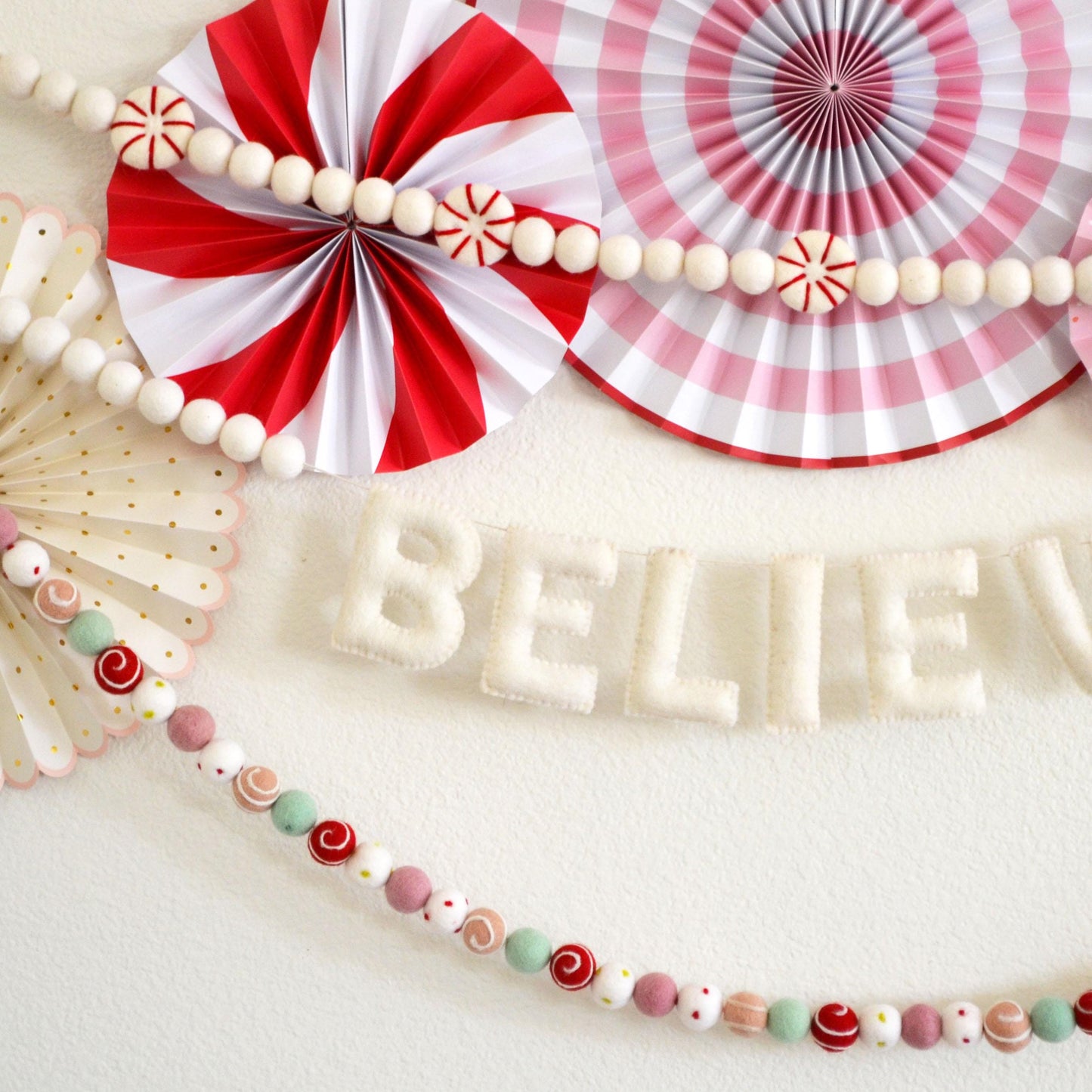 Chistmas Felt Garland - Peppermint Garland, Holiday Felt Garland, Holiday Decor, Christmas Decor, BELIEVE Banner, BELIEVE Felt Garland