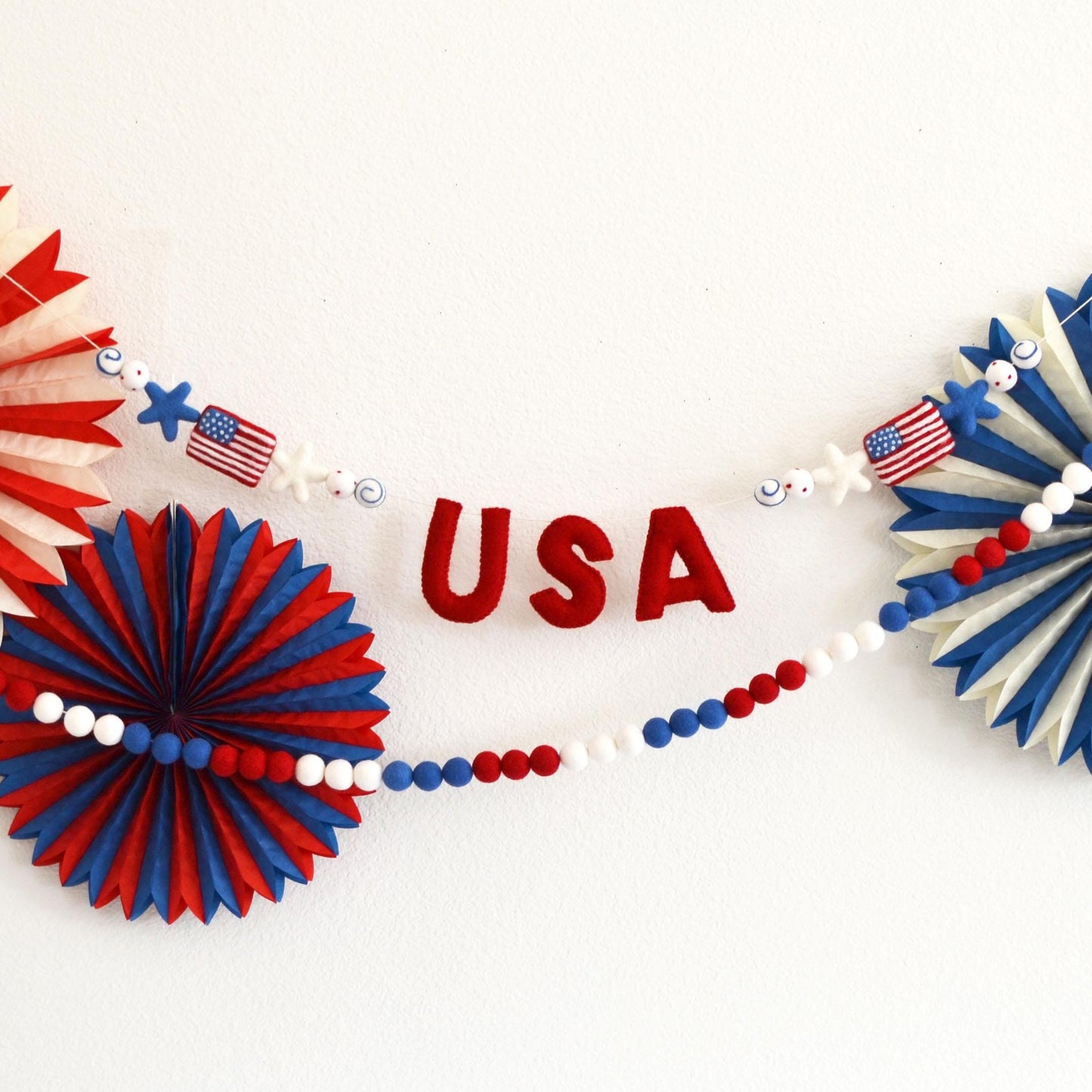 4th of July Felt Garland - Choice of USA or Red, White & Blue Ombre Felt Ball Garland