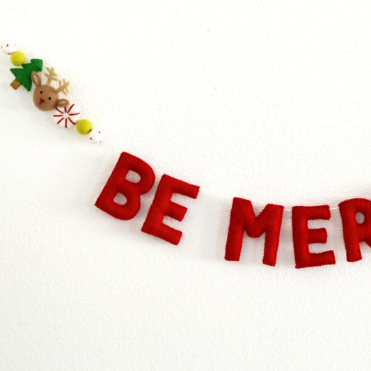 BE MERRY Felt Ball Garland with Red Letters, Peppermint, Reindeer, Christmas Tree and Colorful Wool Felt Balls