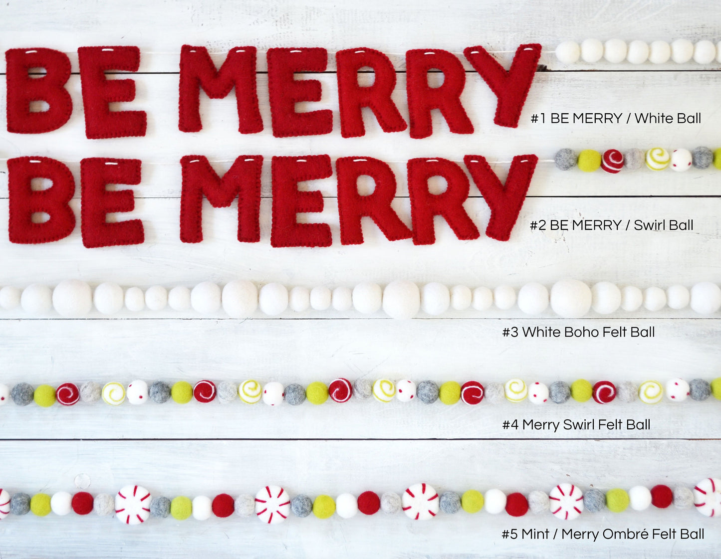 Christmas Felt Ball Garland - Choice or Christmas Felt Balls or BE MERRY