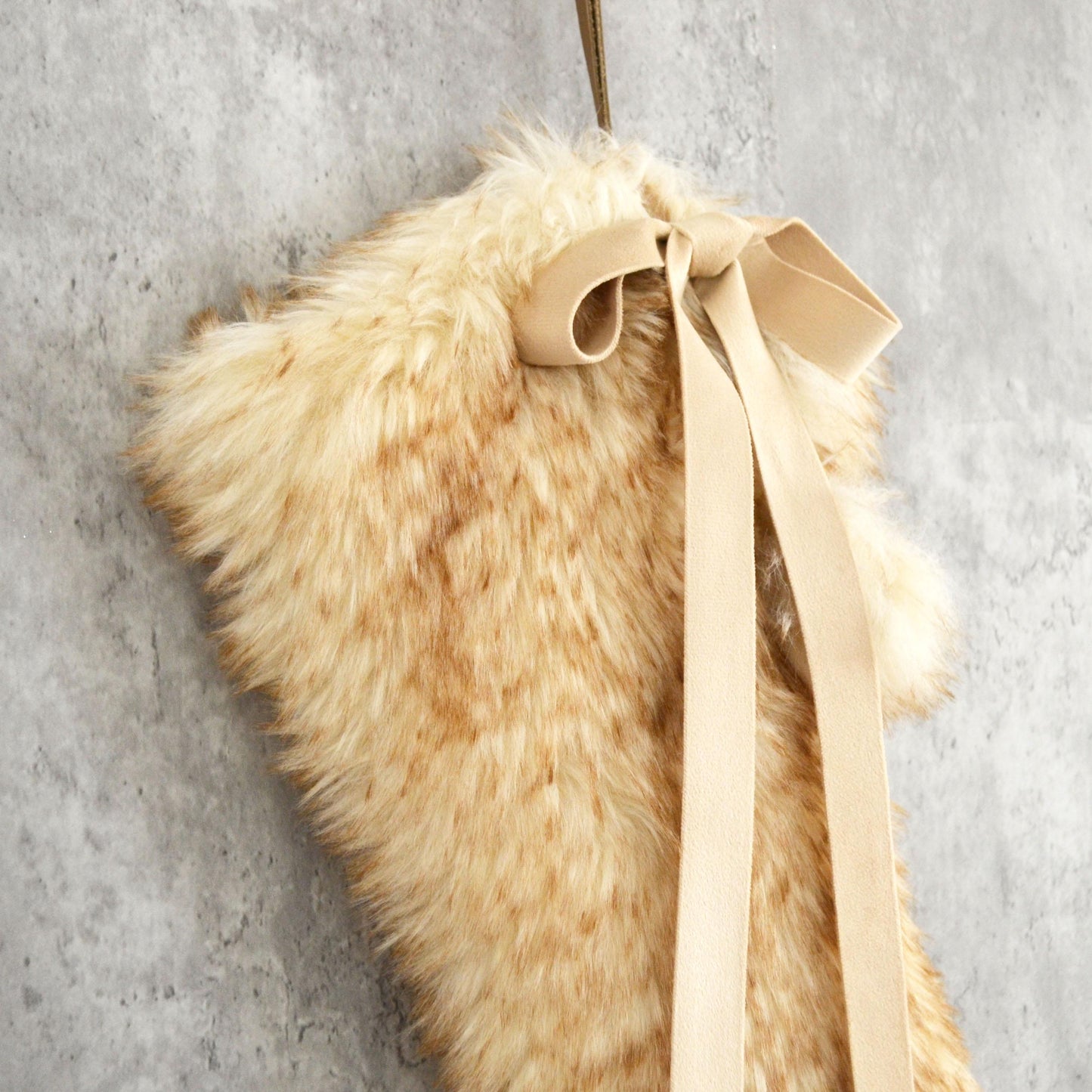 Honey Brown Faux Fur Christmas Stocking with Fur Pom Poms and Velvet Bow