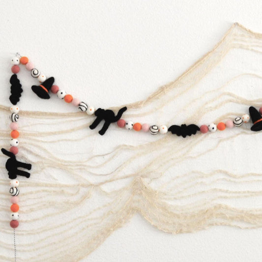 Halloween Felt Ball Garland - Black Hats, Cats & Bats