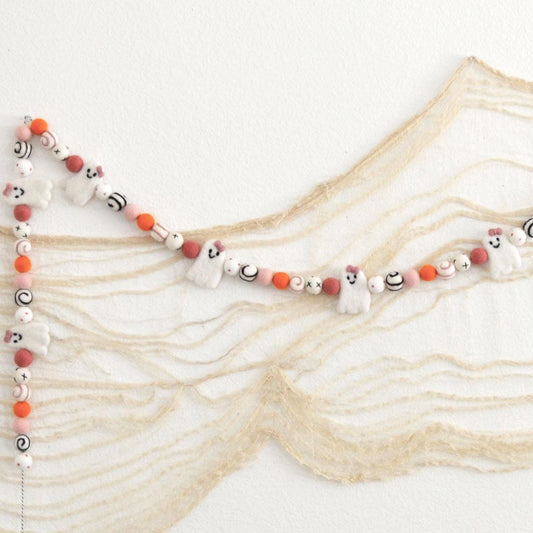 Halloween Felt Ball Garland - White Ghosts with Pink Bows