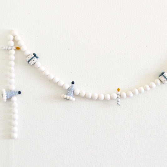 Blue Party Hat, Gift and Candle Felt Garland with White Felt Balls