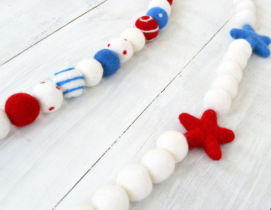 4th of July Felt Garland - Choice of Colorful Felt Ball Garland or Red & Blue Star Garland