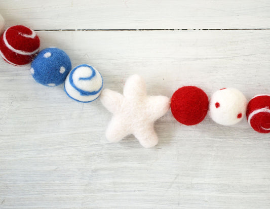 4h of July Felt Ball Garland - Choice of Red, White & Blue Ombre Felt Ball Garland or White Star Garland