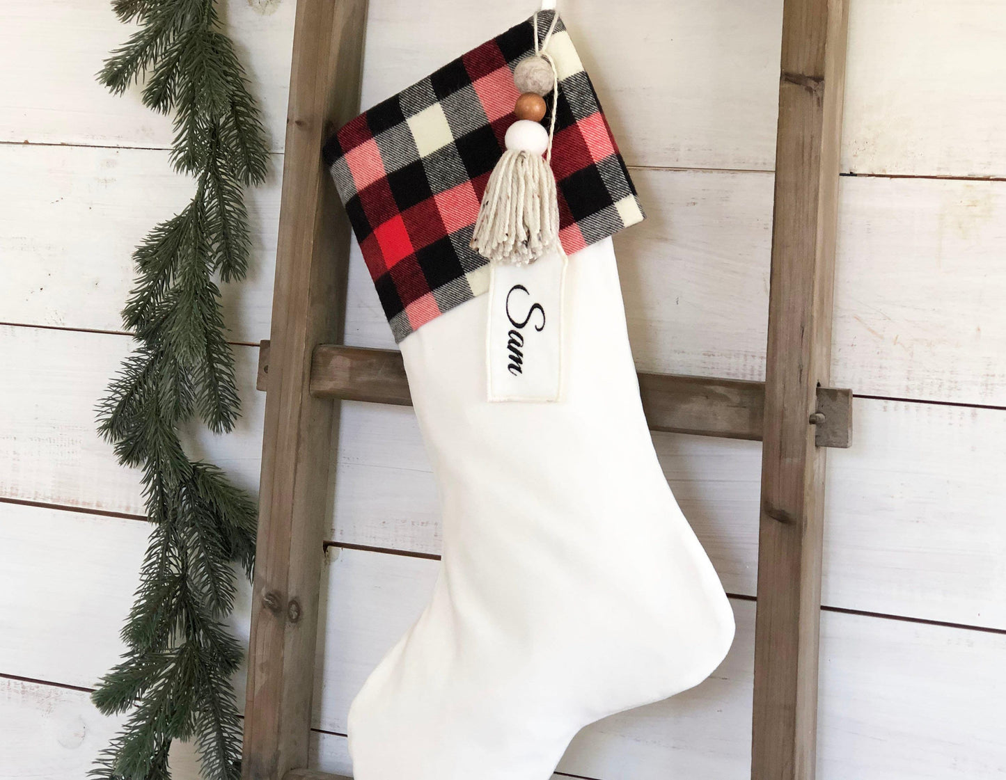 Personalized Christmas Stocking - Red & Black Buffalo Plaid and Velvet