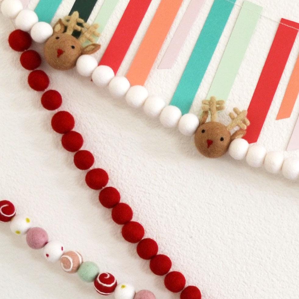 Christmas Felt Garland - Choice of Reindeer, Holiday Felt Balls or Red Felt Balls