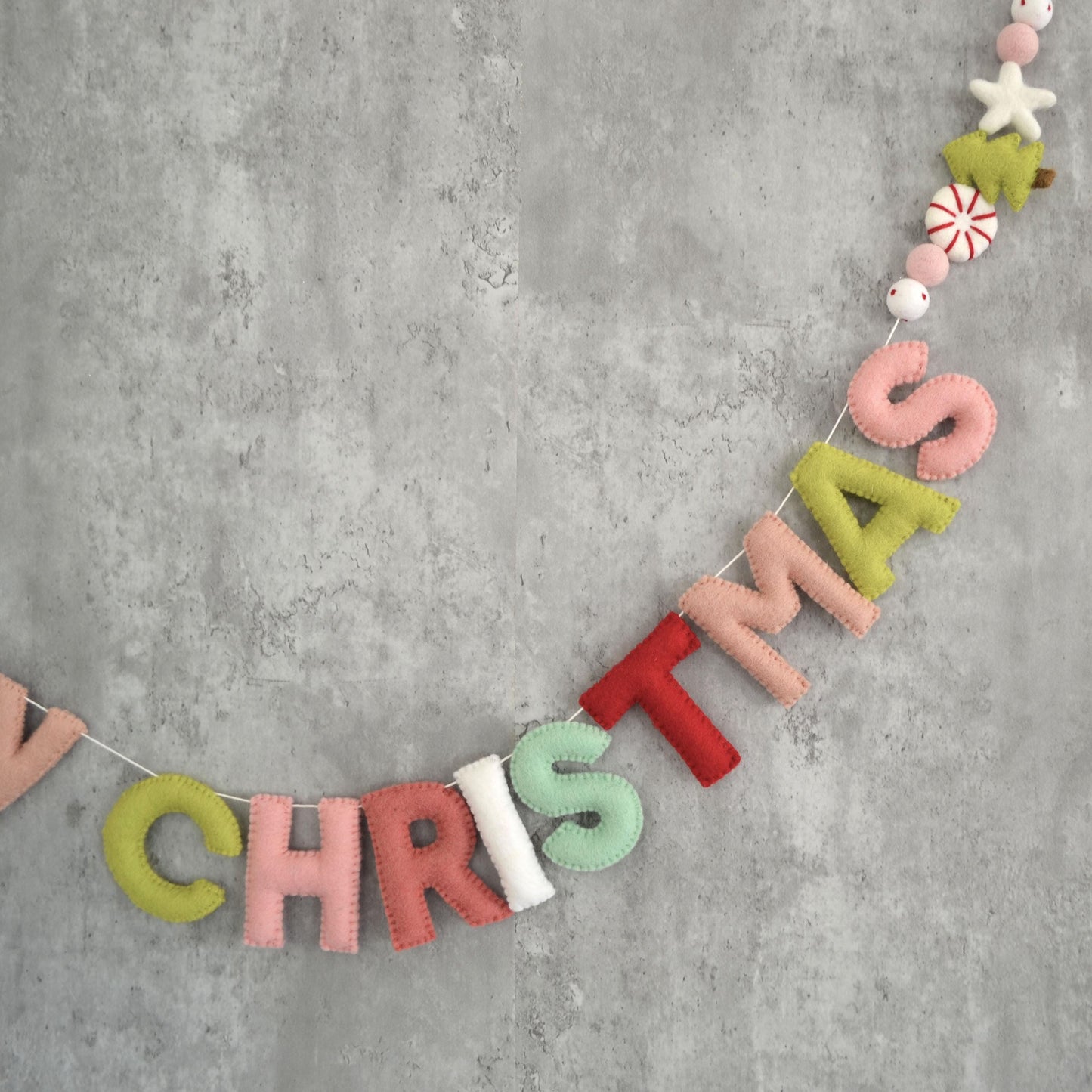 Merry Christmas Felt Banner with Wool Christmas Tree, Peppermint and Star