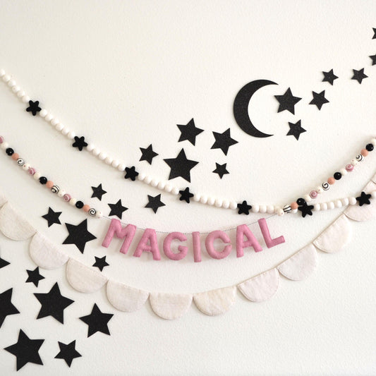Halloween Felt Ball Garland - Choice of Black Star Felt Garland, MAGICAL Banner or White Felt Scallop Banner