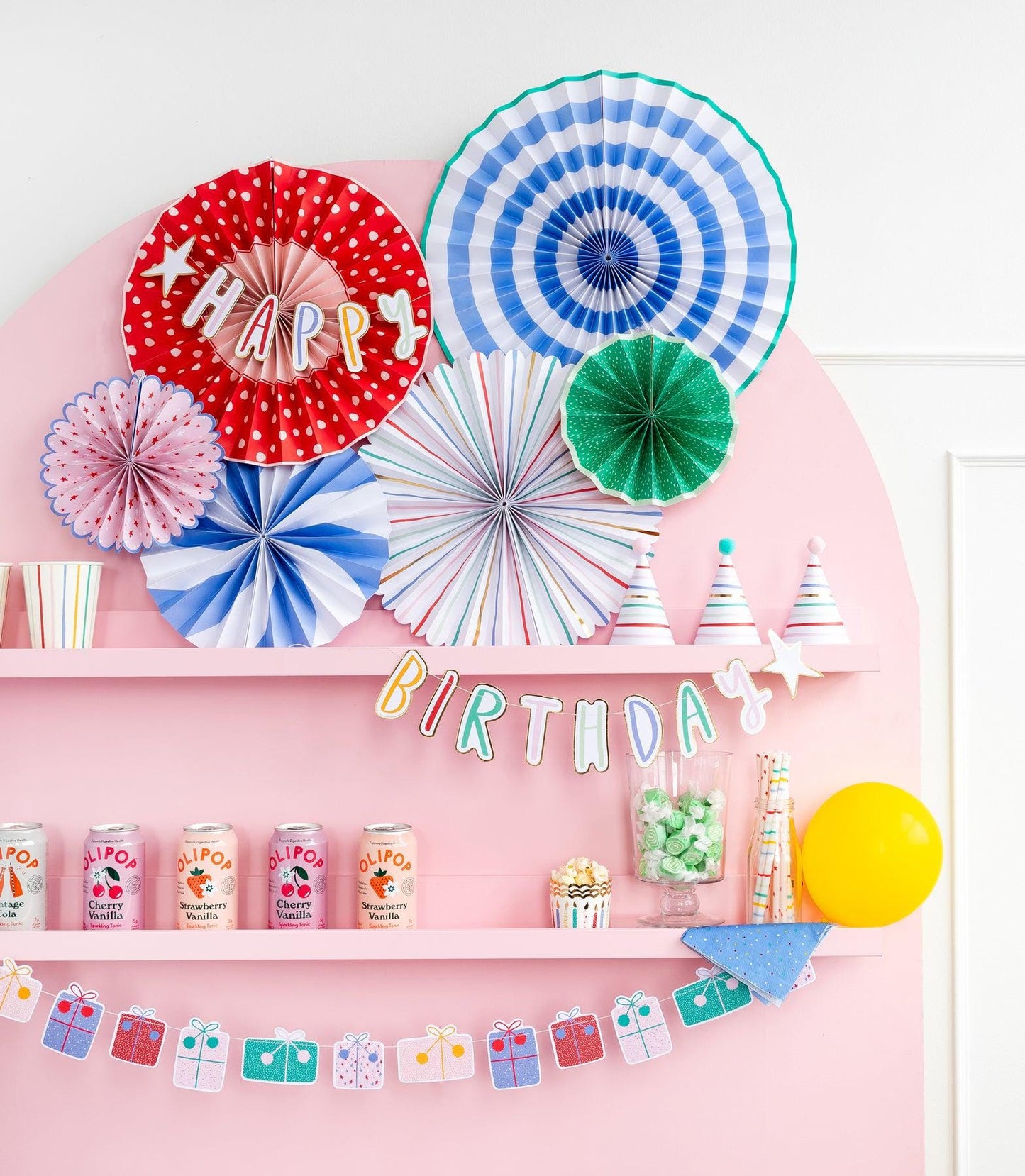 Happy Birthday Rainbow Felt Banner, Party Hat Felt Garland, Ombre Rainbow Felt Ball Garland Decoration, Paper Pinwheel Fans