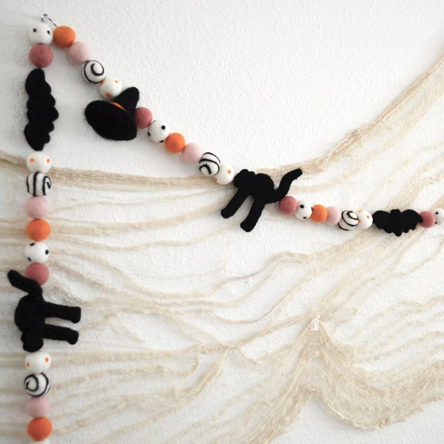 Halloween Felt Ball Garland - Black Hats, Cats & Bats