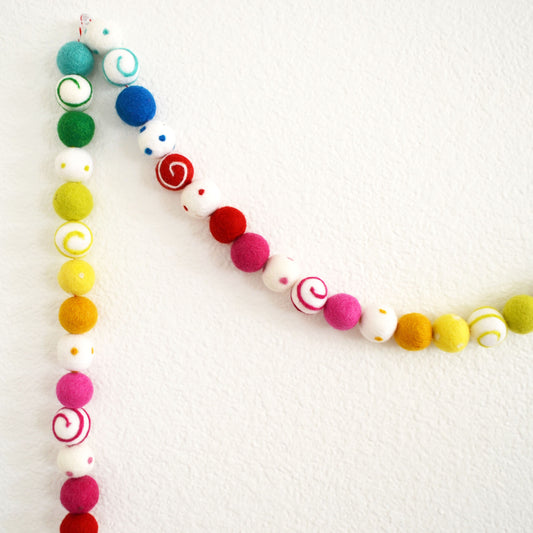 Rainbow Ombré Felt Ball Garland with Colorful Dots and Swirls