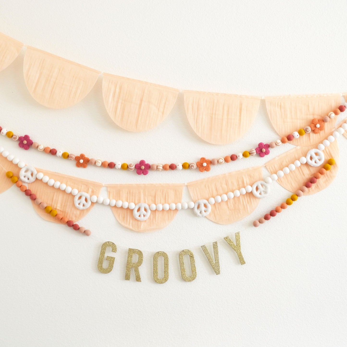 Felt Ball Garland - Choice of Flower Felt Ball Garland, White Peace Garland or Gold Glitter GROOVY Banner