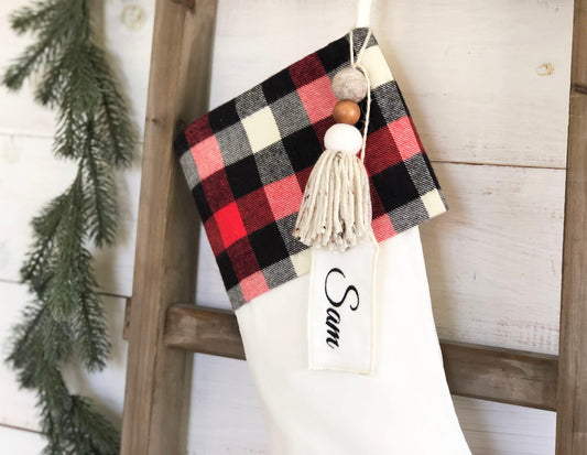 Personalized Christmas Stocking - Red & Black Buffalo Plaid and Velvet