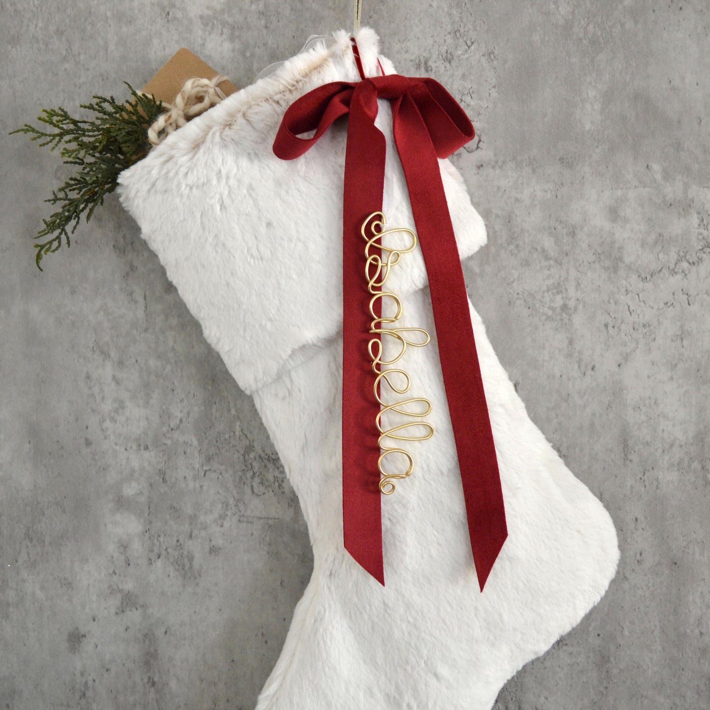 Faux Fur Christmas Stocking – White Fur Stocking with Velvet Bow Embellishment (Name tag NOT included)
