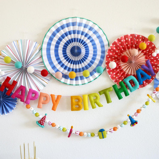 Rainbow 4cm Felt Ball Garland or Happy Birthday Banner or Hat, Gift & Candle Felt Garland