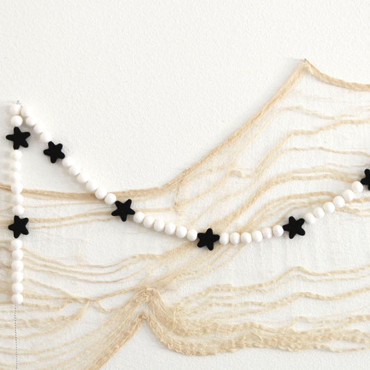 Black Wool Felt Star Garland with White Felt Balls