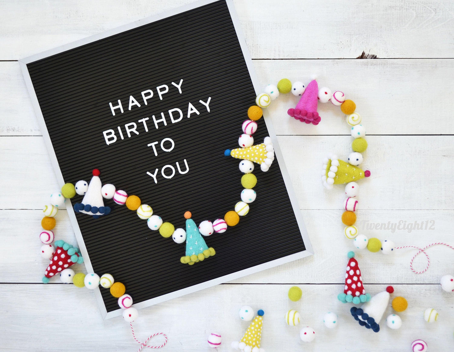 Happy Birthday Rainbow Felt Banner, Party Hat Felt Garland, Ombre Rainbow Felt Ball Garland Decoration, Paper Pinwheel Fans