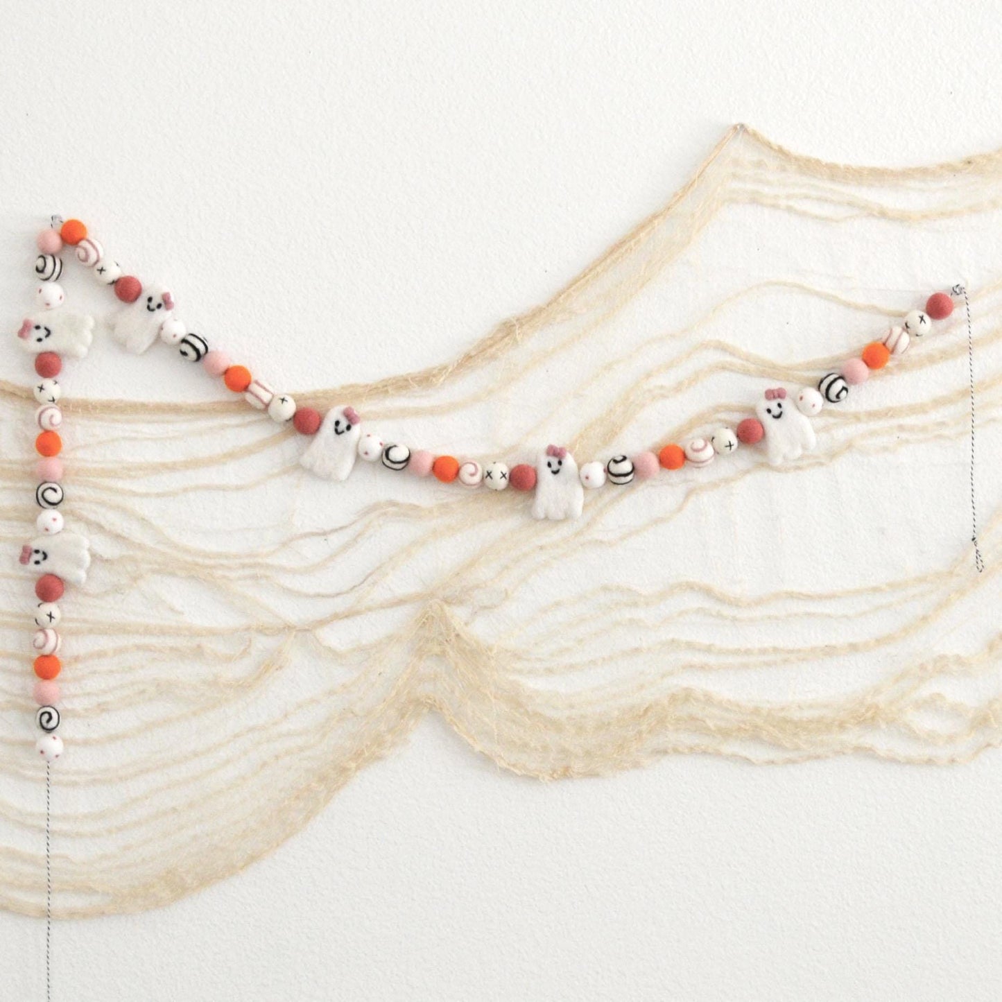 Halloween Felt Ball Garland - White Ghosts with Pink Bows