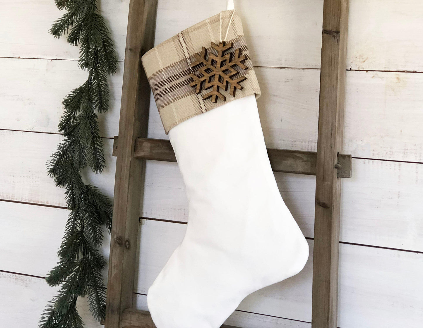 Personalized Christmas Stocking - Tan Plaid and Velvet