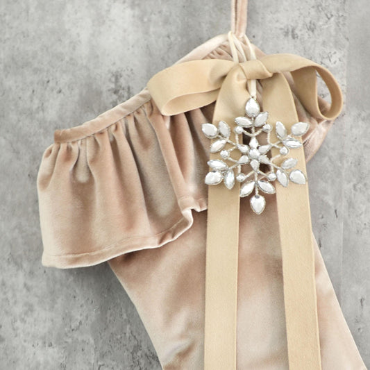 Warm Cream Velvet Christmas Stocking with Ruffle Cuff, Velvet Bow & Leaf Gem Snowflake - Vintage Inspired