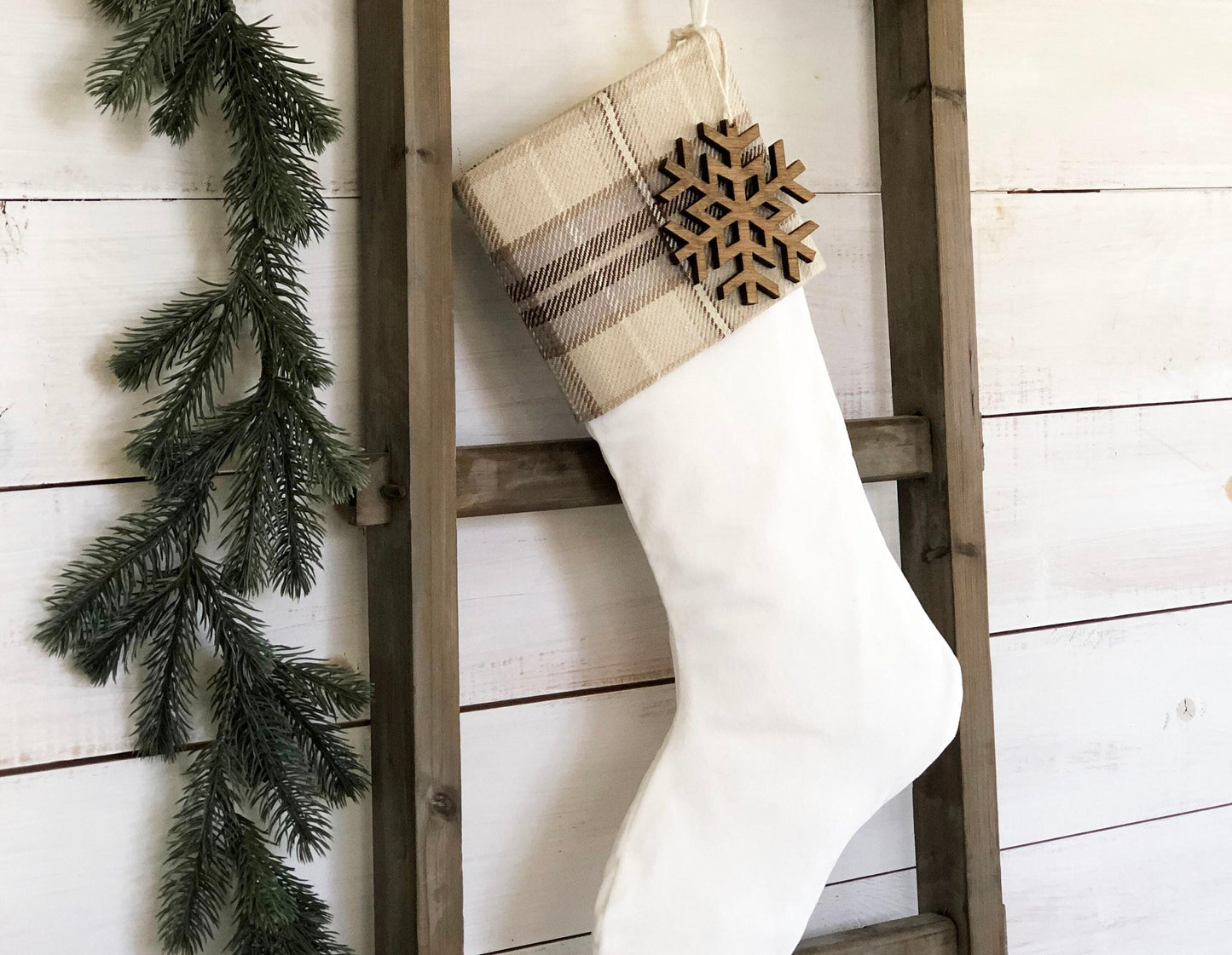 Personalized Christmas Stocking - Tan Plaid and Velvet
