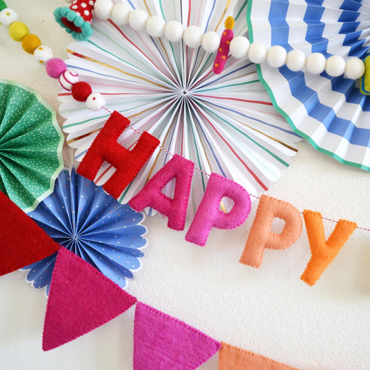 Hat, Gift & Candle Felt Ball Garland or Reusable Happy Birthday Banner or Rainbow Ombré Pennant Flag Felt Banner
