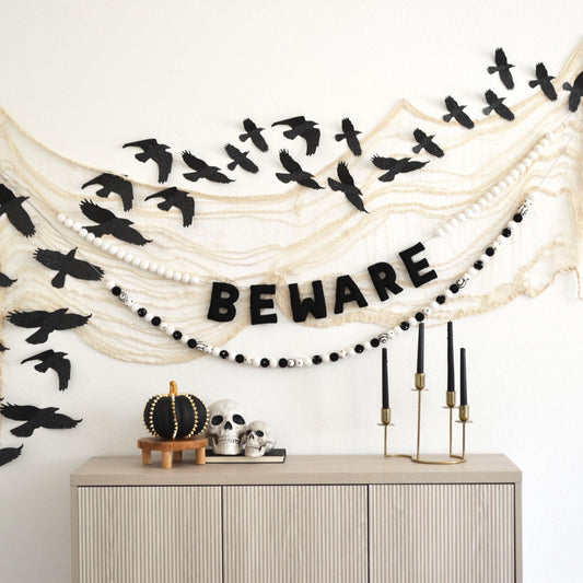 Halloween Felt Ball Garland- Choice of BEWARE Banner or Black and White Felt Ball Garland