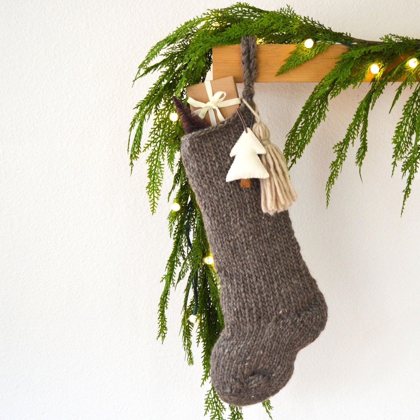 Chunky Wool Hand Knit Christmas Stocking with Felt Tree and Tassel
