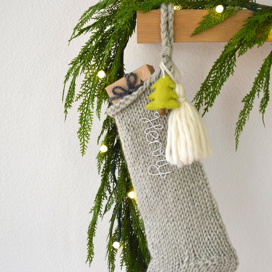 Hand Knit Chunky Wool Christmas Stocking with Wool Tassel & Felt Tree  (name Tag NOT included)