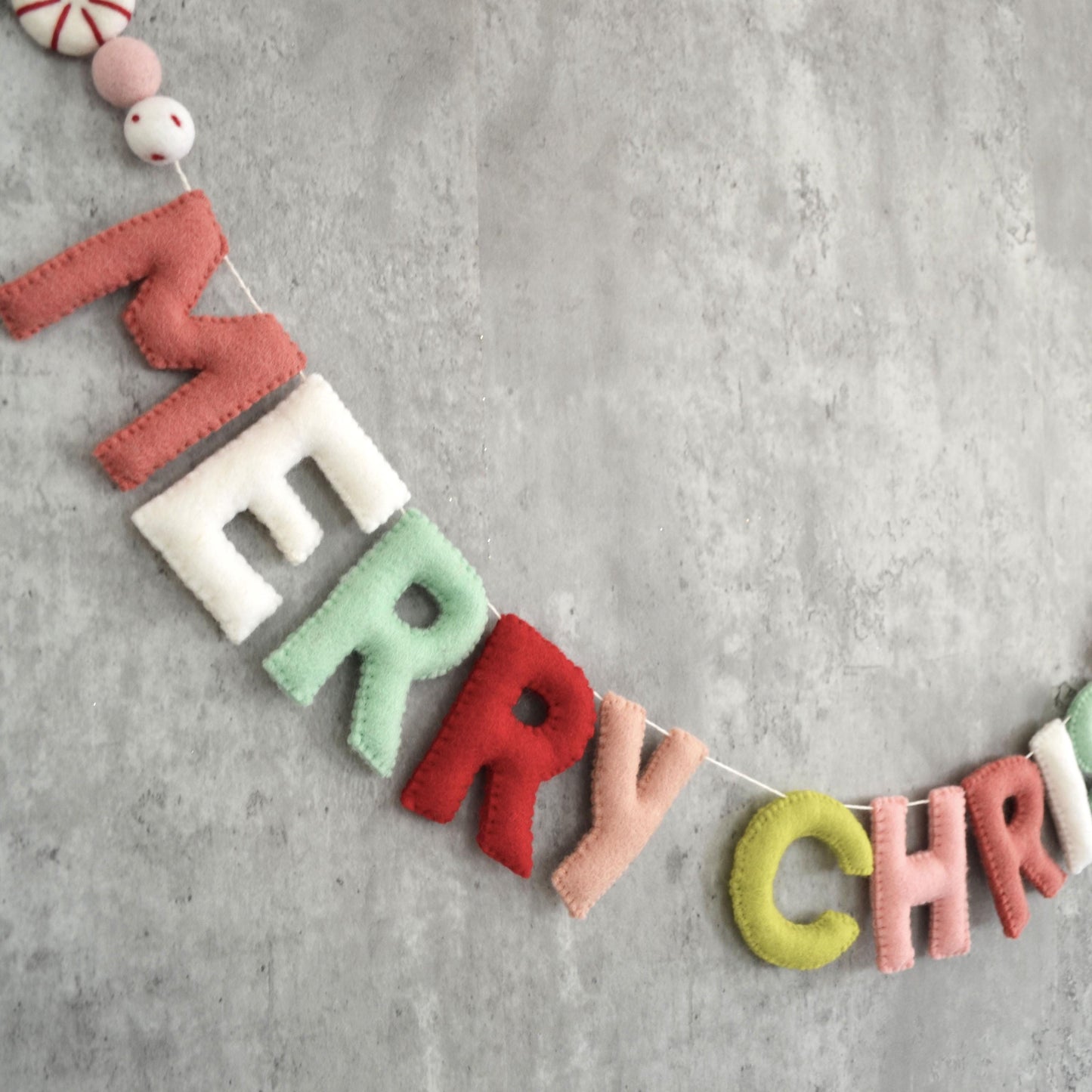 Merry Christmas Felt Banner with Wool Christmas Tree, Peppermint and Star