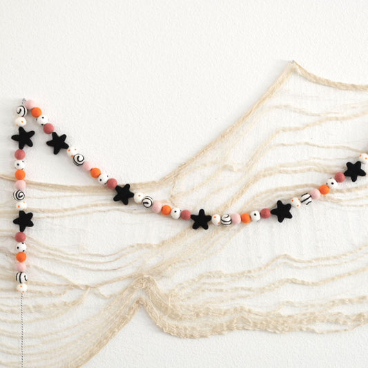 Halloween Garland with Black Wool Stars and Colorful Felt Balls