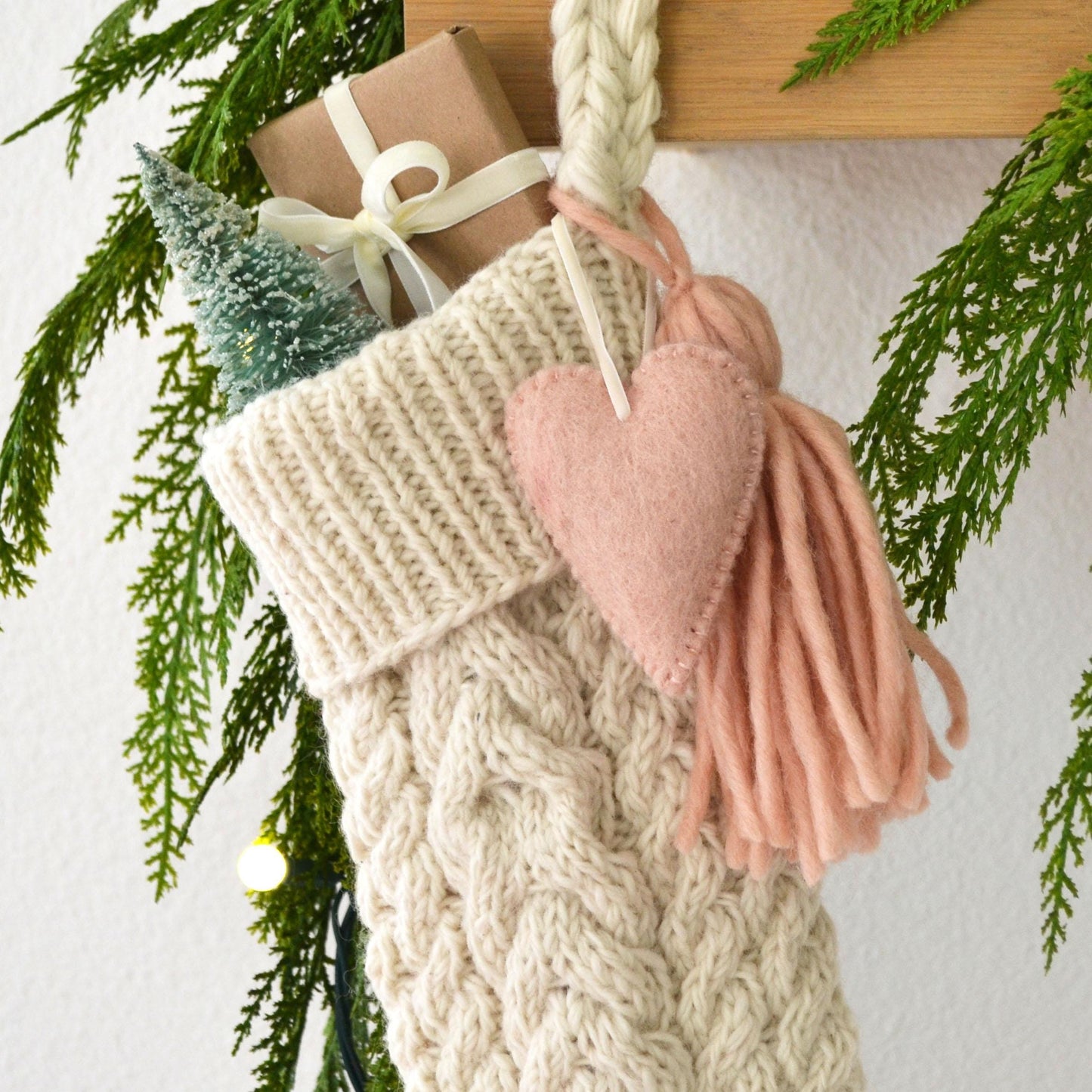 Cable Knit Christmas Stocking - Hand Knit Ivory Wool with Tassel & Felt Heart