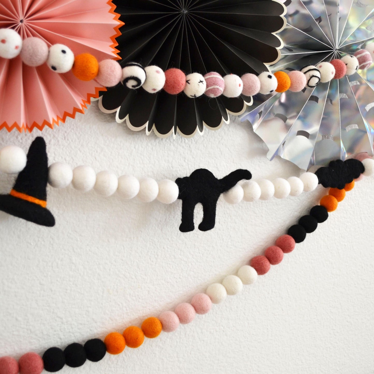 Halloween Felt Garland - Choice of Colorful Felt Ball Garland or Hat, Cat and Bat Garland or Pink, Orange, White & Black Ombre Felt Ball Garland