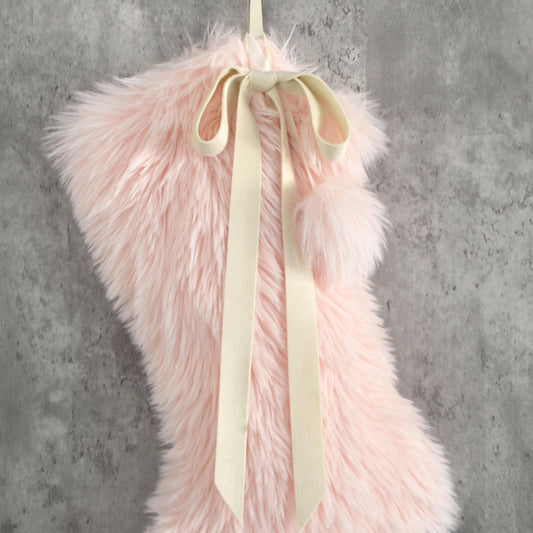 Baby Pink Faux Fur Christmas Stocking with Fur Pom Poms and Velvet Bow - Stockings For Girls