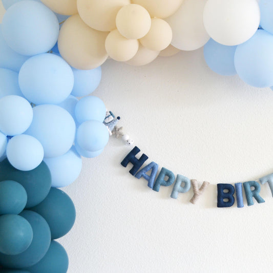 Blue Ombré Happy Birthday Felt Banner with Hat, Gift & Star