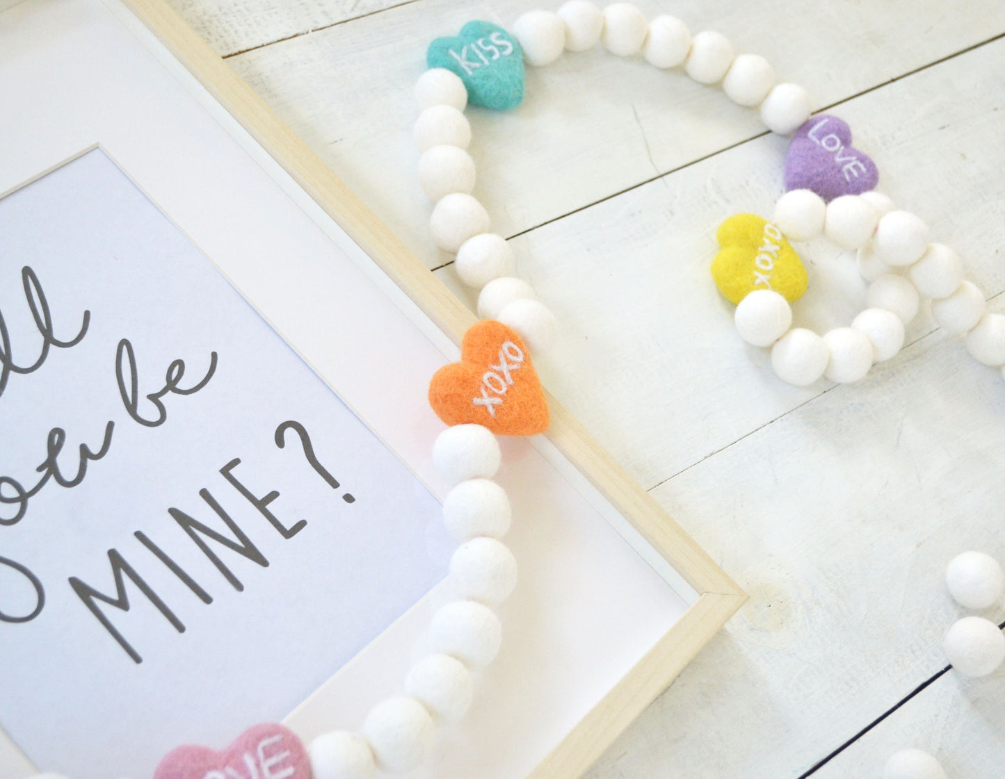 Heart Felt Ball Garland - Valentines Day Felt Garland, Felt Ball Garland, Conversation Heart Garland, Valentines Day Felt Ball Garland